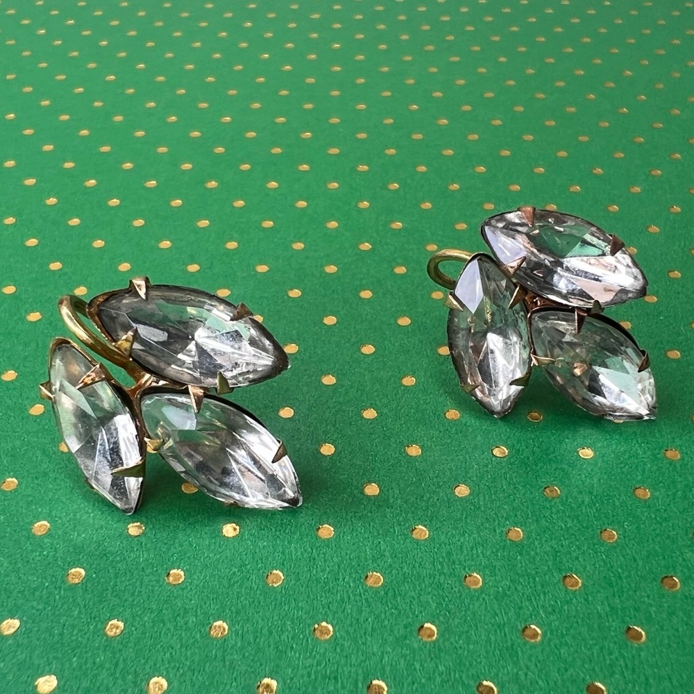 Vintage 1950's Navette Rhinestone Earrings • Clear Crystal Cluster Screw Backs